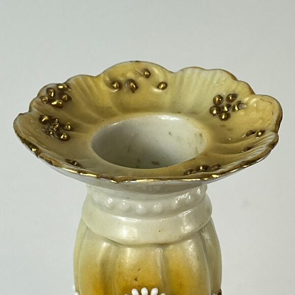 Antique Candlestick Candle Holder Yellow Brown White Daisy Hand Painted Gold - Picture 8 of 14